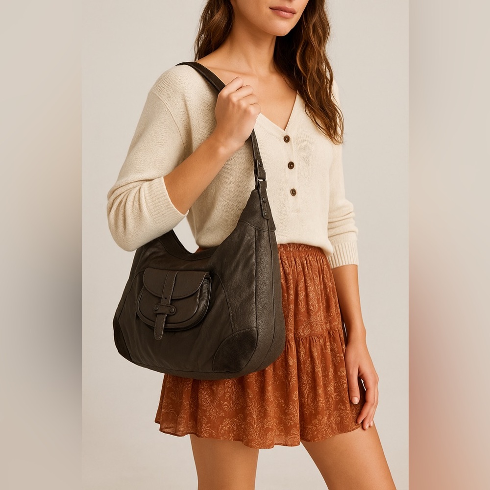 Liebeskind Berlin Lg Taupe Leather & Chocolate Brown Suede Shoulder Bag w/nylon